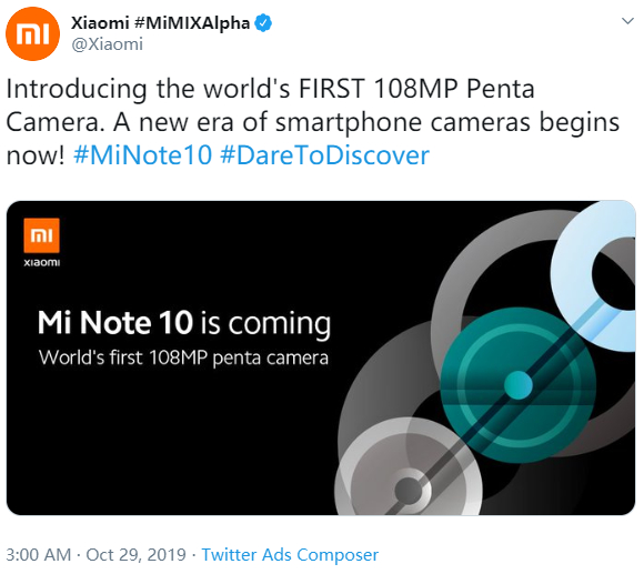 小米推特：小米Note 10来了，世界首款108MP五摄手机