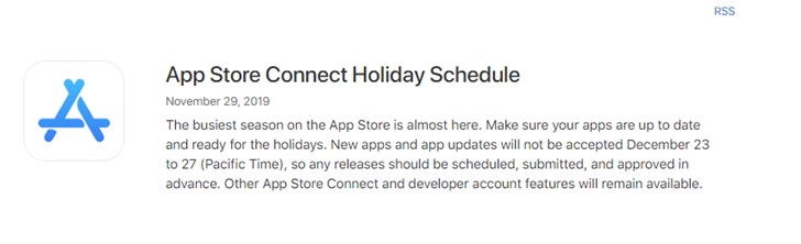 苹果提醒iOS App开发人员12月23日至12月27日将不接受App更新及发布